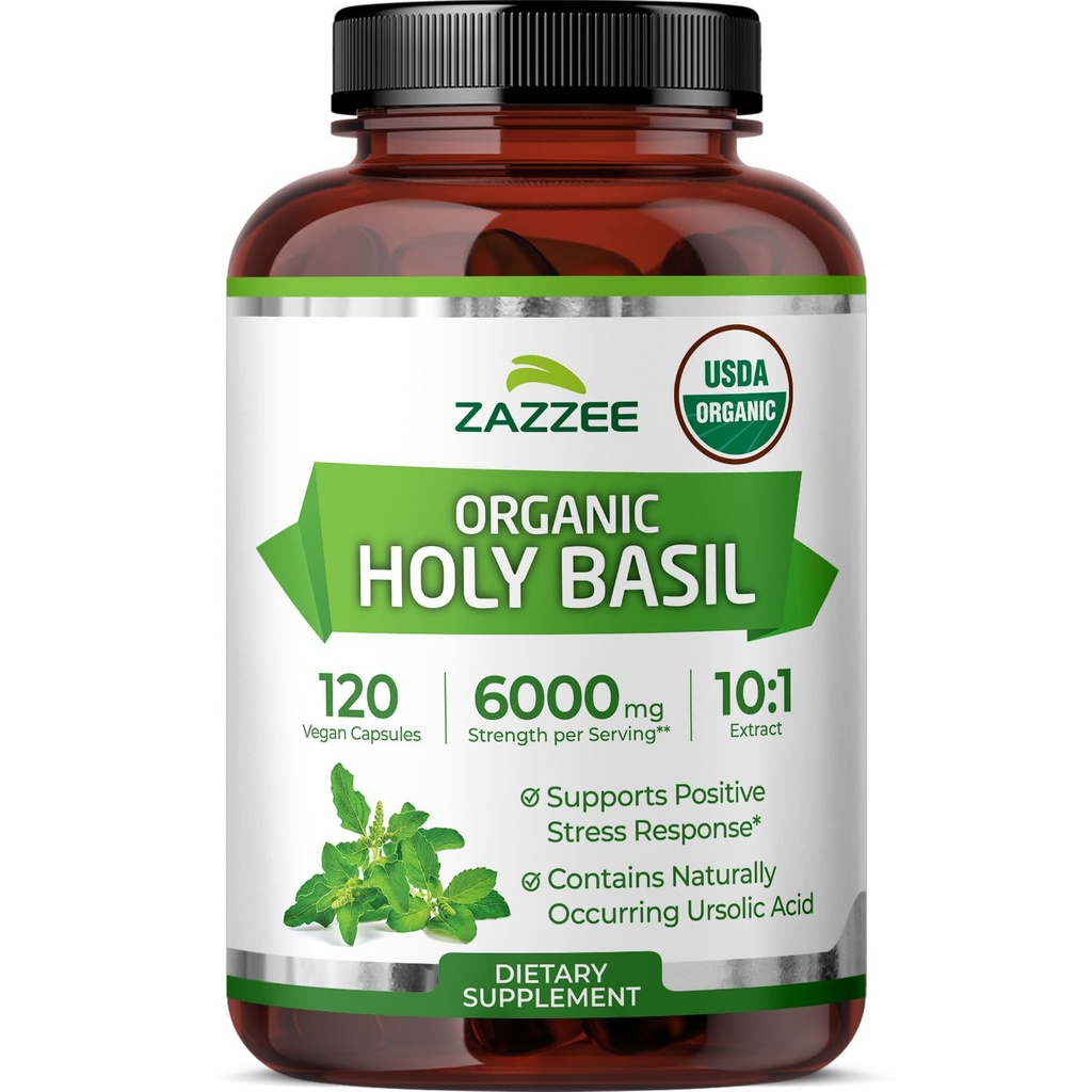 Zazzee USDA Organic Holy Basil 10:1 Extrait, 6000 mg Résistance, 120 Capsules Vegan, concentré et normalisé 10X Extrait de Tulsi, acide ursolique, 100% certifié biologique, non-OGM