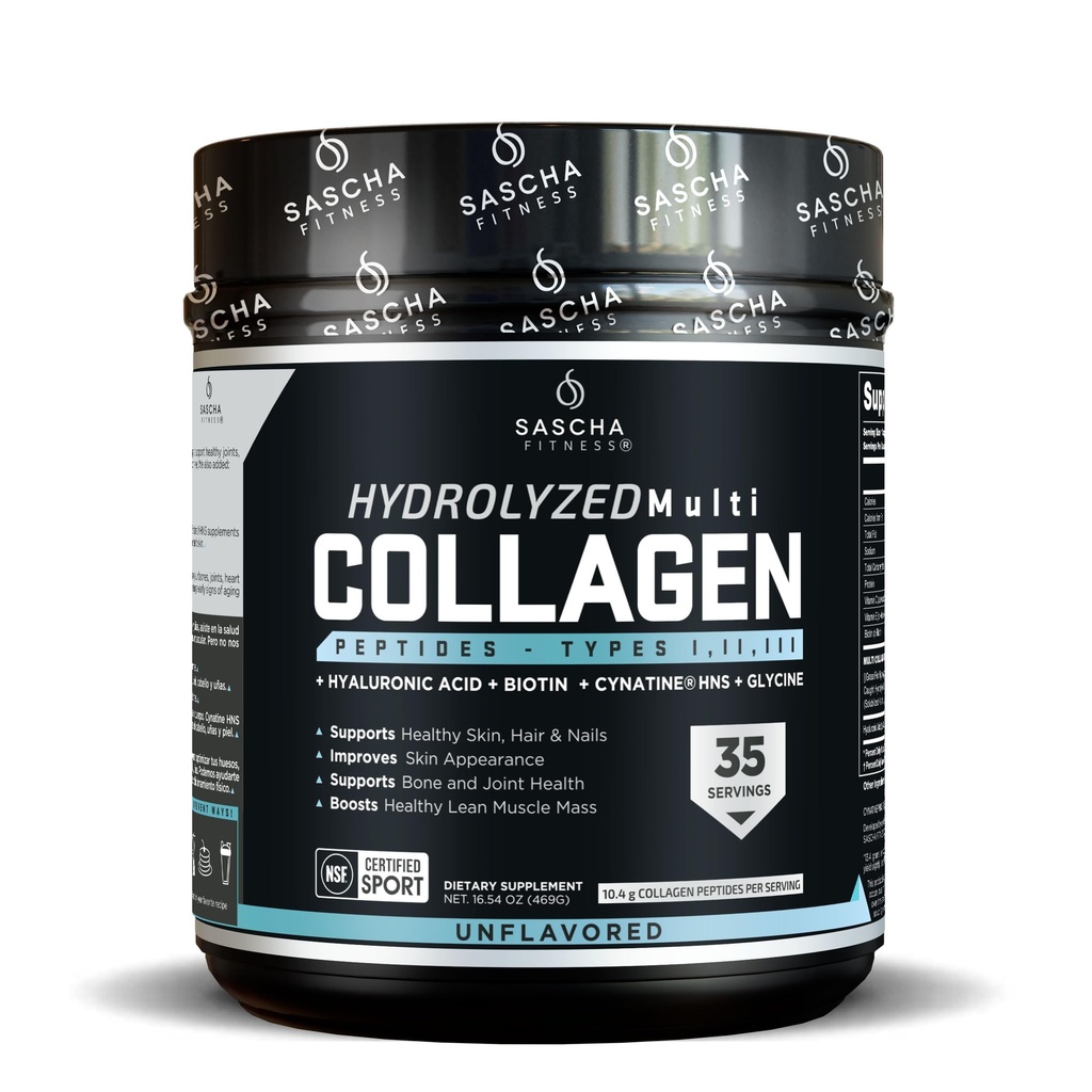 SASCHA FITNESS Hydrolysed Multi Collagen Peptides Astuces 1,2 & 3:Acide hyaluronique (Biotin)Cynatine HSN (Vitamine C & E) pour les cheveux, la peau et le soutien des os