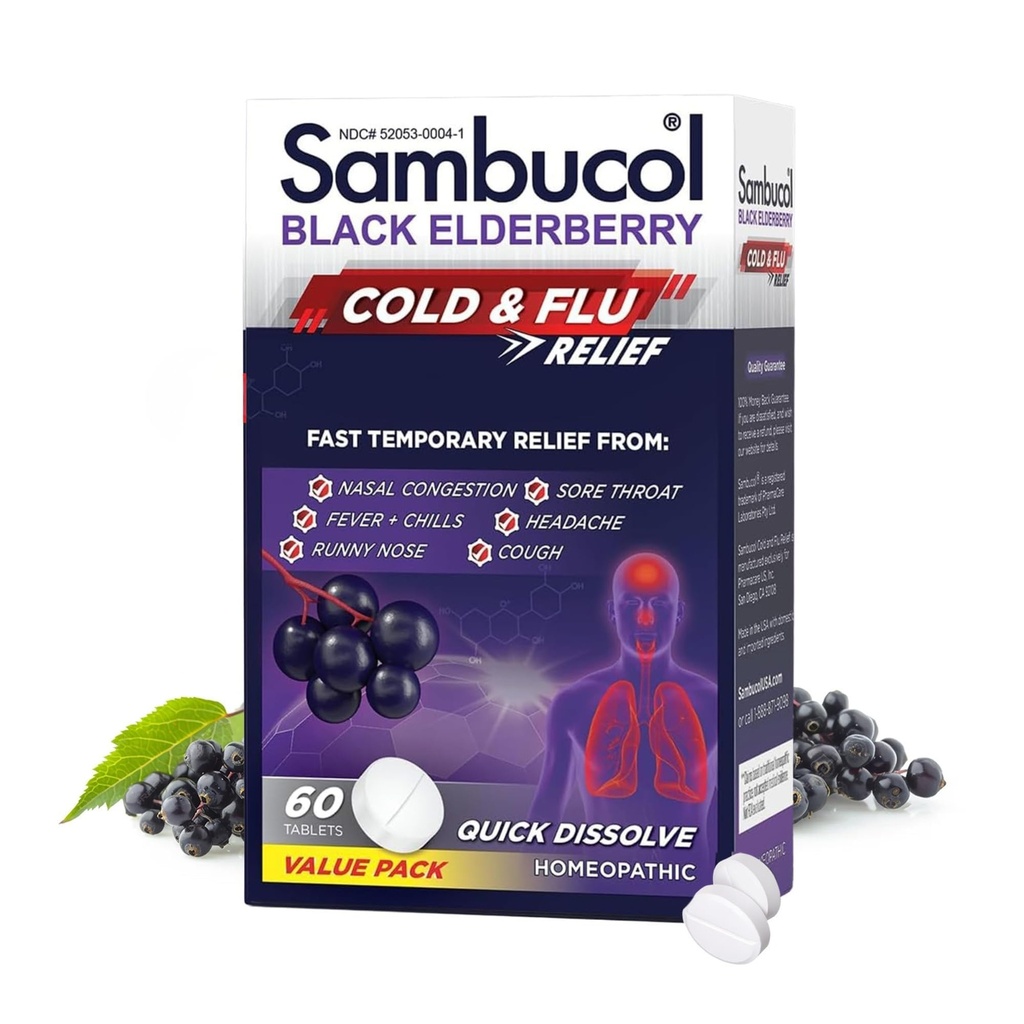 Sambucol Comprimés de soulagement du rhume et de la grippe - Médecine homéopathique du rhume, Remède à froid pour les adultes, Berceau aîné noir pour les rhumes, Remède à froid au zinc - 60 Nombre