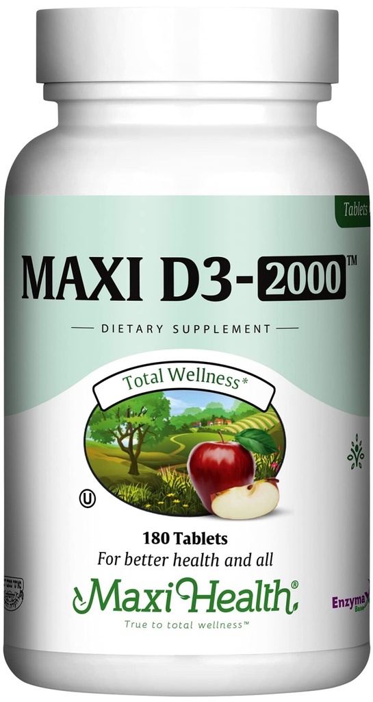Maxi Health Kosher Vitamin D3 2000IU - hochabsorbierbare Vitamin D Nahrungsergänzungsmittel für gesunde Immunreaktion, Calciumabsorption, Zähne & Knochengesundheit - D3 Vitamin 2000 IU -180 Tabletten