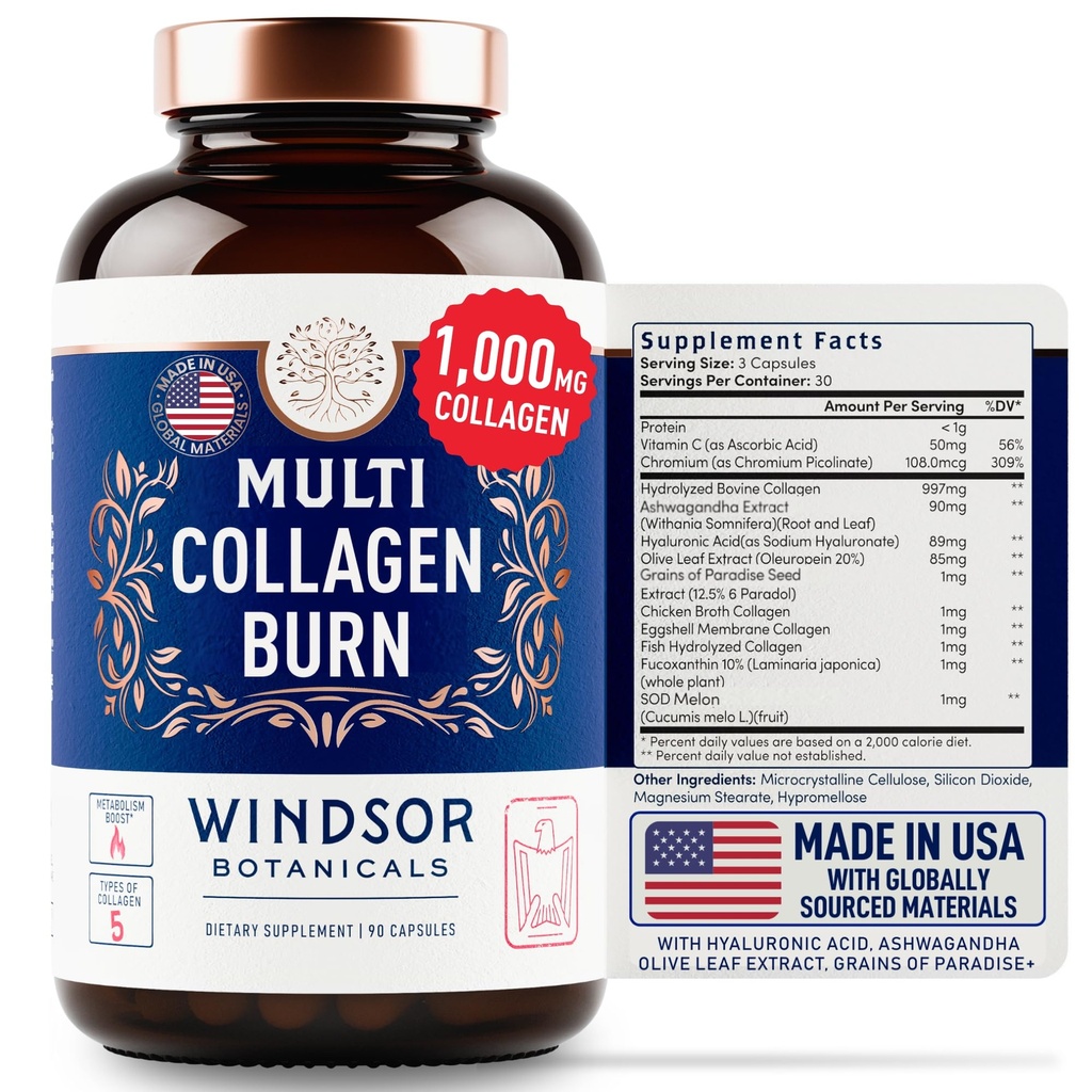 Capsules thermogéniques multicollagènes - Complexes multicollagènes hydrolysés types I, II, III, V, X, Collagène marin, acide hyaluronique - Supplément beauté et anti-âge pour les femmes et les hommes - 90 pilules