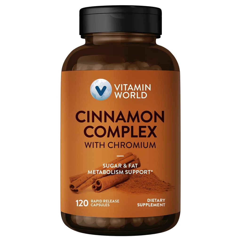 Vitamin World Cinnamon Complex mit Chrom, 1000 mg Cinnamon Ergänzungen mit hochkarätigem Chrom für gesunden Stoffwechsel und Antioxidantien Schutz, 120 Kapseln, 2 Monate Versorgung, Glutenfrei