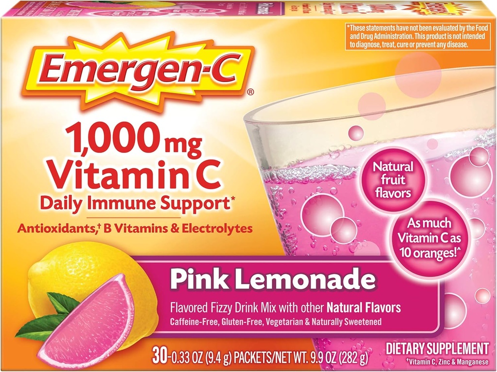 Emergen-C 1000mg Vitamin C-Pulver, mit Antioxidantien, B Vitamine und Elektrolyte, Immunergänzungsmittel für Immununterstützung, Koffein Free Fizzy Drink Mix, Pink Lemonade Flavor - 30 Count (Pack von 12)