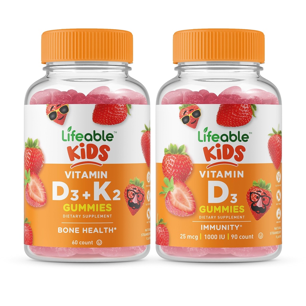 Lebensfähiges Vitamin D3 + Vitamin K2 Kinder + Vitamin D Kinder, Gummis Bundle - Große Verkostung, Vitamin-Ergänzung, Glutenfrei, GMO frei, Kaugummi