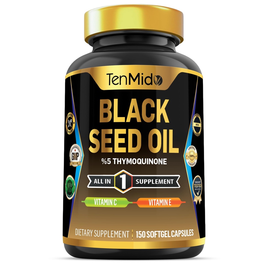 Supplément aux capsules d'huile de graines noires - Formule 4in1 - Combiner avec la vitamine C, vitamine E - Santé digestive, soutien immunitaire - Riche en nutriments - 150 capsules Softgel
