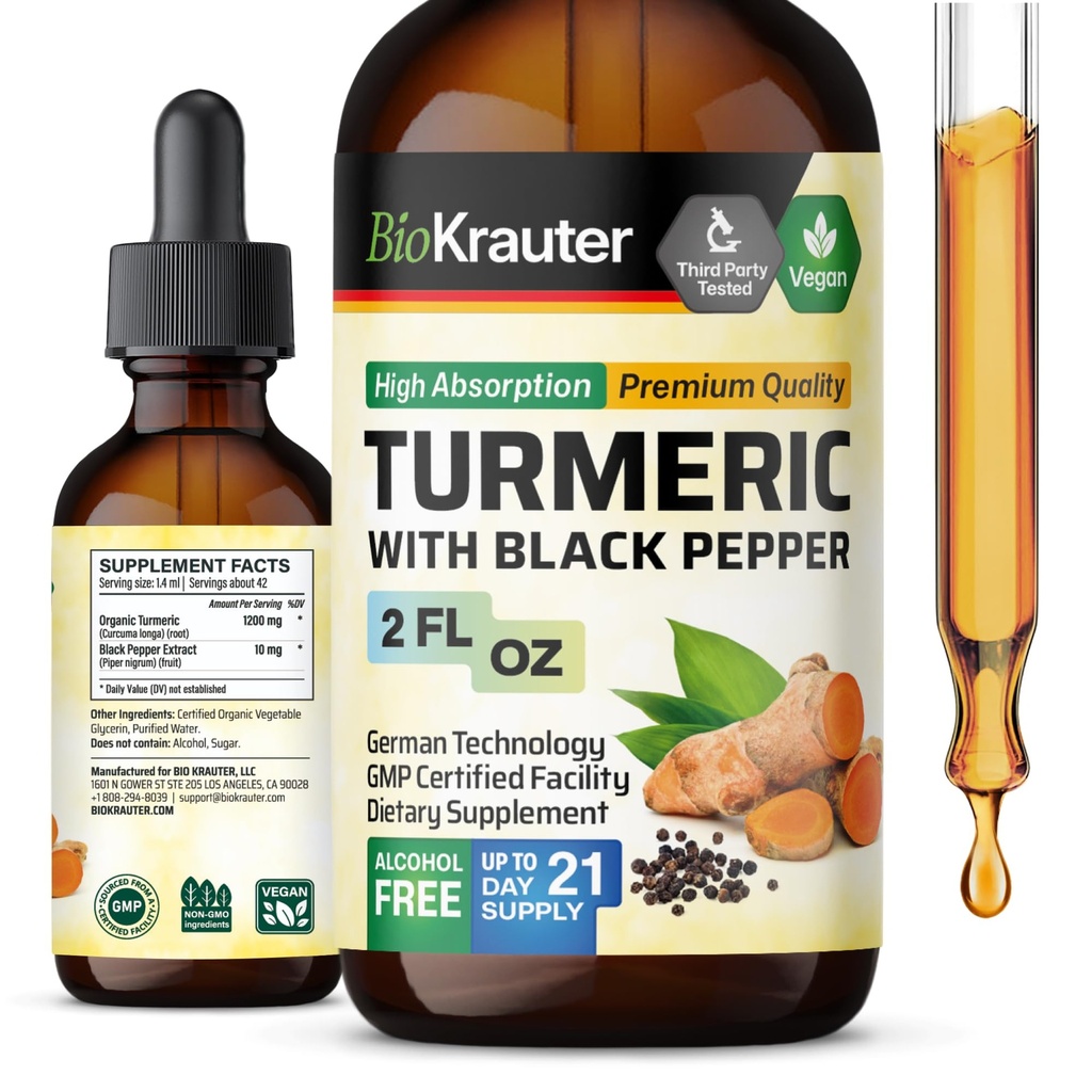 BIO KRAUTER Turmeric Supplement Teinture - 1200 mg Turmeric Curcumine avec extrait de poivre noir - sans alcool et sans sucre - gouttes de végétalien 2 Fl.Oz.