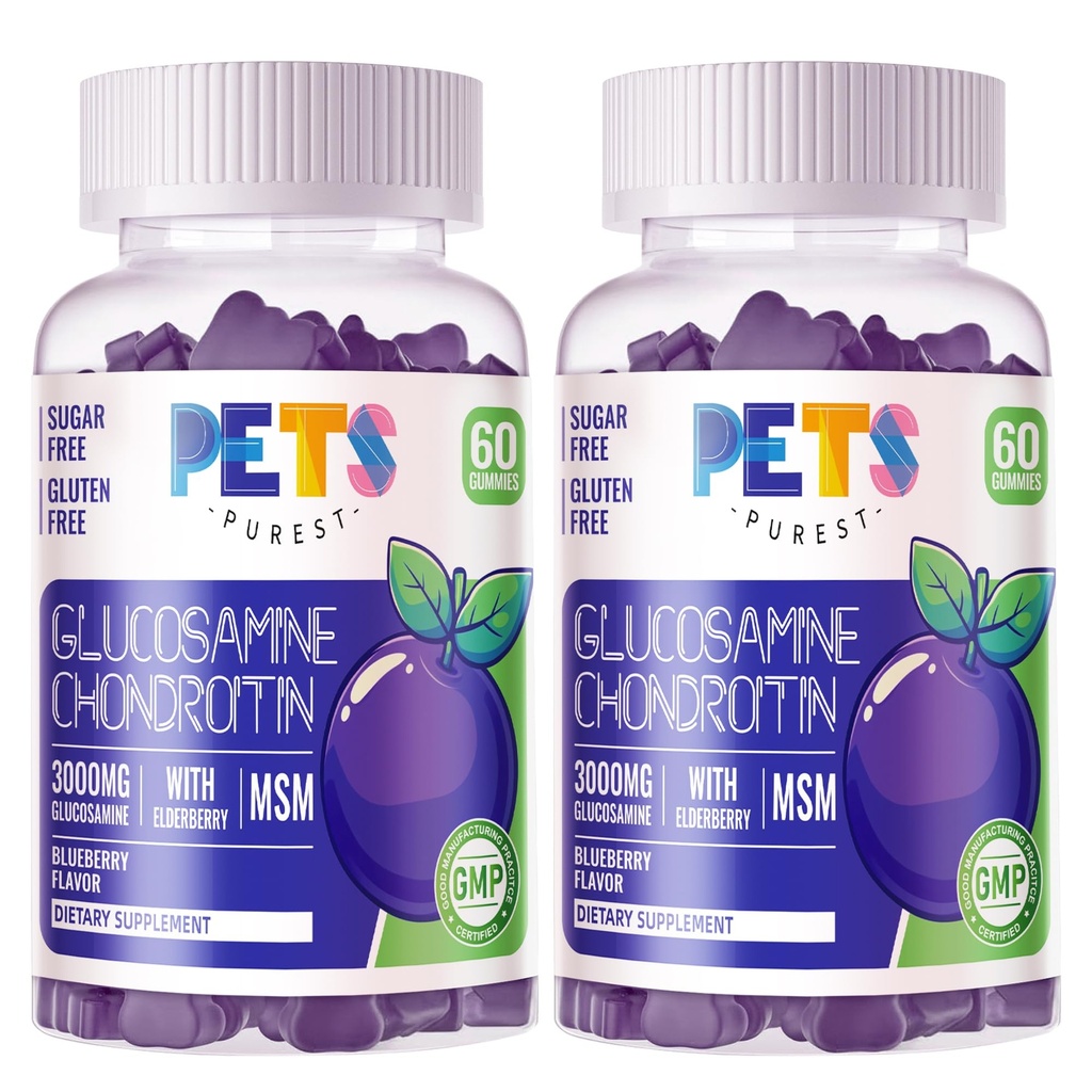 Animaux de compagnie Purest Glucosamine Chondroitin Gummies avec MSM & Elderberry Extra Strength - Joint Support, Antioxydant Immune Support Supplément pour Adultes, Hommes et Femmes.(2 Pack) Blueberry
