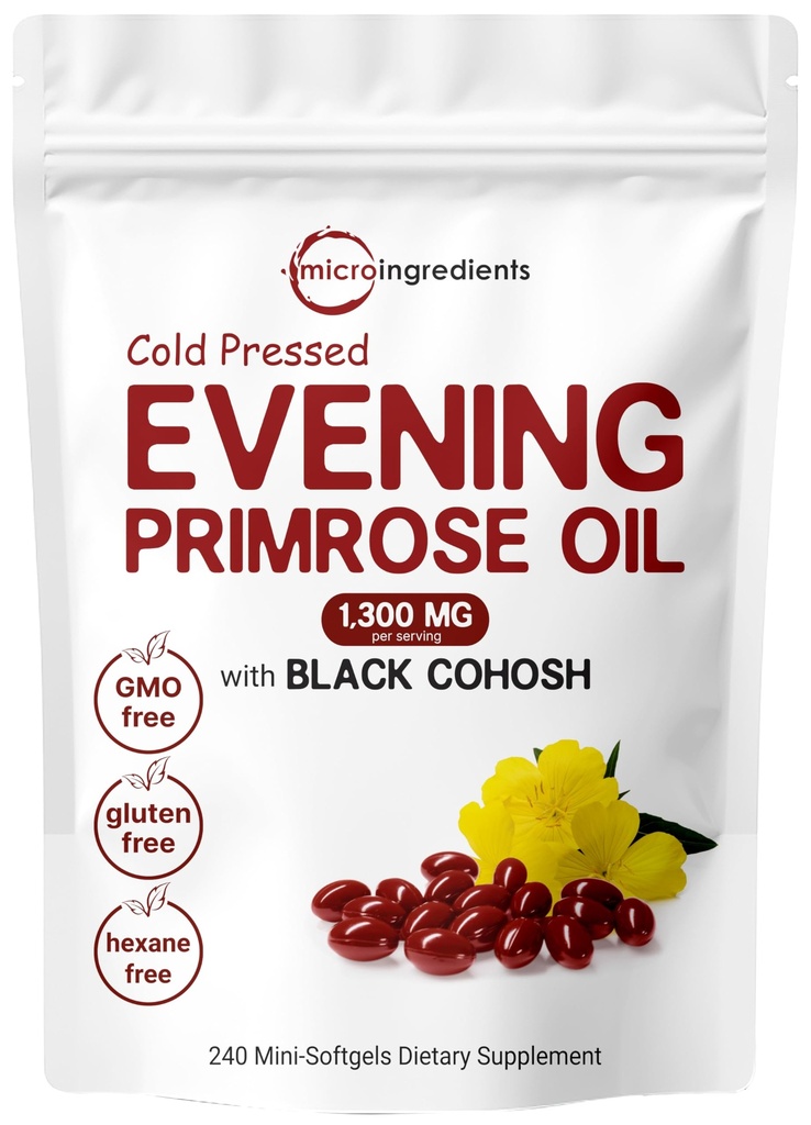 Micro Ingredients Evening Primrose Oil 1300mg pro Servierung, 240 Softgels | Verbessert mit 40mg Black Cohosh Extract, kalt gepresst – 10% Active GLA, Non-GMO, keine Gluten, einfach zu spülen