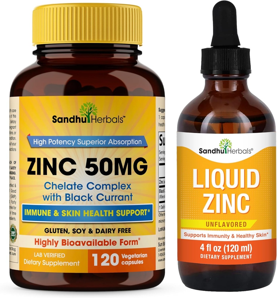 SANDHUHERBALS Zink 50mg Kapseln Bundle mit flüssigen Zinktropfen | Unterstützt Immun- und Hautgesundheit