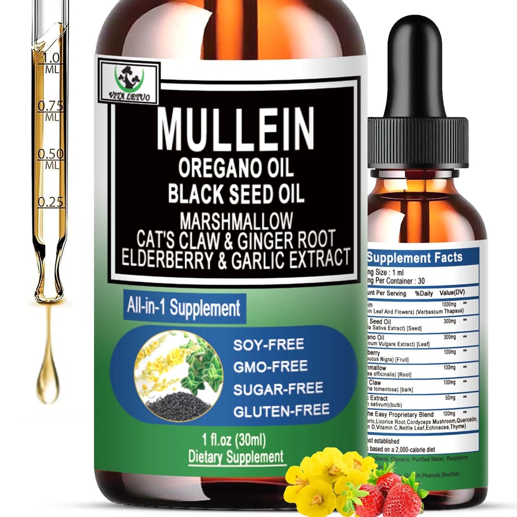 16-in-1 Bio Mullein Tropfen für Lunge | Mullein Blatt Extrakt w/Oil von Oregano mit schwarzem Samenöl | Non-GMO&Gluten Free Respiratory Health Liquid Drops | Mullein Supplement Cleanse für Raucher
