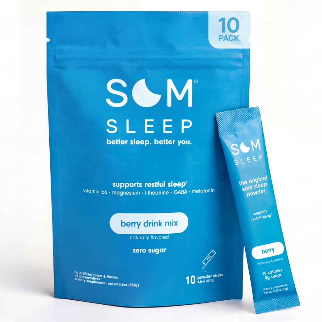 Som Sleep, Calm Sleep Powder Drink Mix, 3mg Melatonin, Magnesium, Vitamin B6, L-Theanin & GABA – Vegan, Zero Sugar, Keto Friendly – Berry, 10-Pack