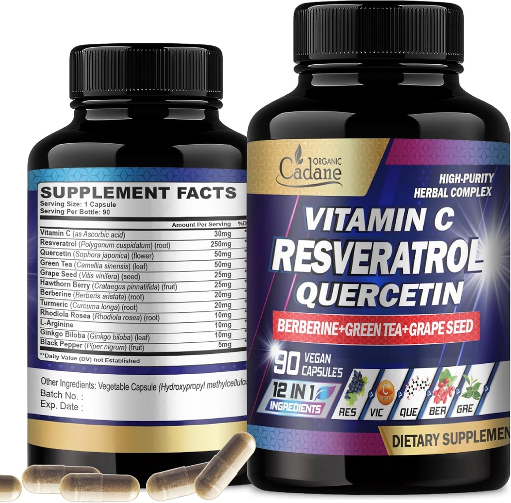 Organic Cadane Resveratrol Supplement - 12in1 Blended with VIT.C, Quercetin, Berberine, Turmeric, Green Tea &amp; More - 90 Kapseln 3 Monate