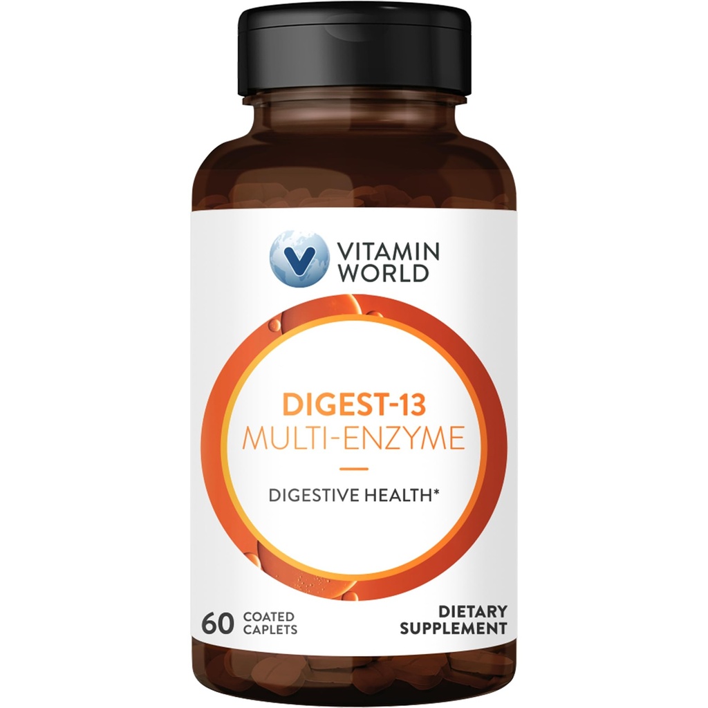 Vitamin World Digest-13 Multi-Enzyme, 1010mg Verdauungsenzyme Mischung mit Amylase, Bromelain, Papain & Lipase für Verdauung und Absorption, Verdauungsenzyme für Bloating & Gas, 60 Caplets