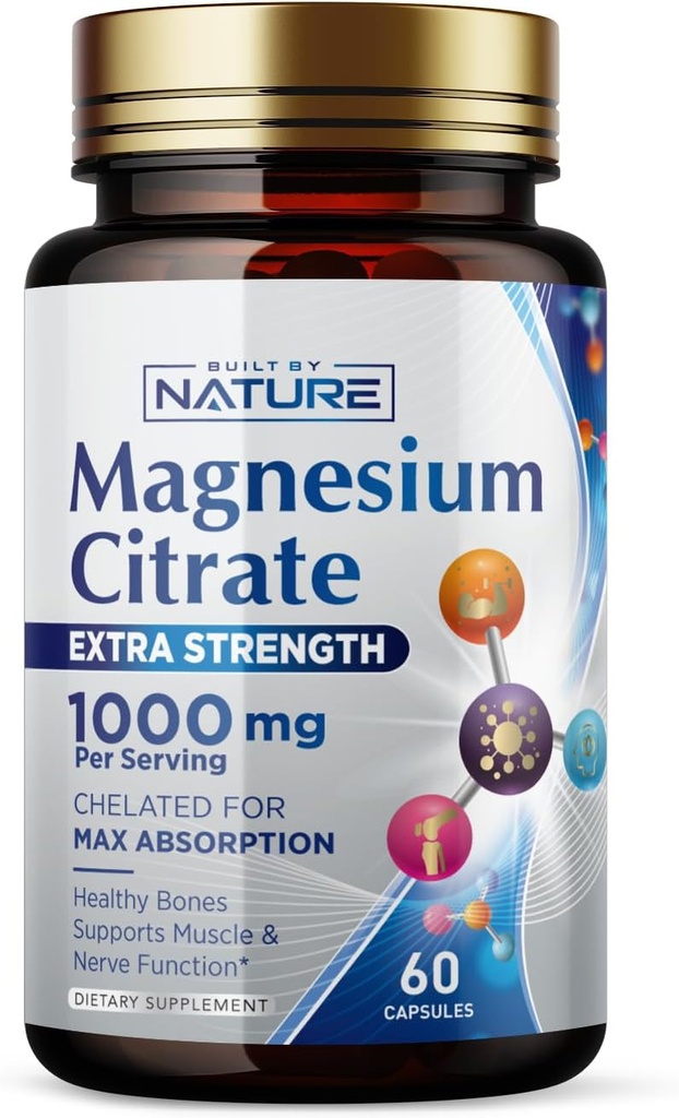Magnesium Citrate 1000mg - Max Absorption & Hohe Potenz Magnesium Complex Ergänzung für Herz, Muskel, Nerve, Knochen Gesundheit & Stress - Non-GMO, Glutenfrei - 60 Vegan Kapseln
