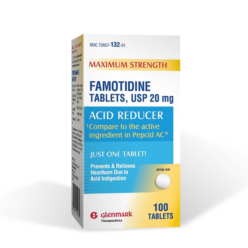 Glenmark Comprimés de famotidine à concentration maximale, 20 mg, Réducteur acide pour le soulagement des brûlures d'estomac, 100 Compte