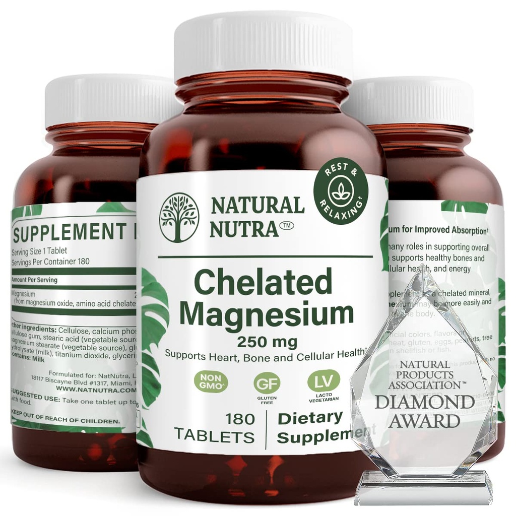 Natürliche Nutra Chelat Magnesiumoxid 250 mg - Hohe Absorption für starke Knochen, Herzgesundheit, Zahngesundheit, Energie-Boost, Glutenfrei, Non-GMO, 180 Tabletten in BPA-freie recycelbare Glasflaschen