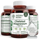 Oxyde de magnésium chélaté naturel Nutra 250 mg - Absorption élevée pour les os forts, la santé cardiaque, la santé dentaire, la stimulation énergétique, sans gluten, non-OGM, 180 comprimés dans des bouteilles de verre recyclables sans BPA