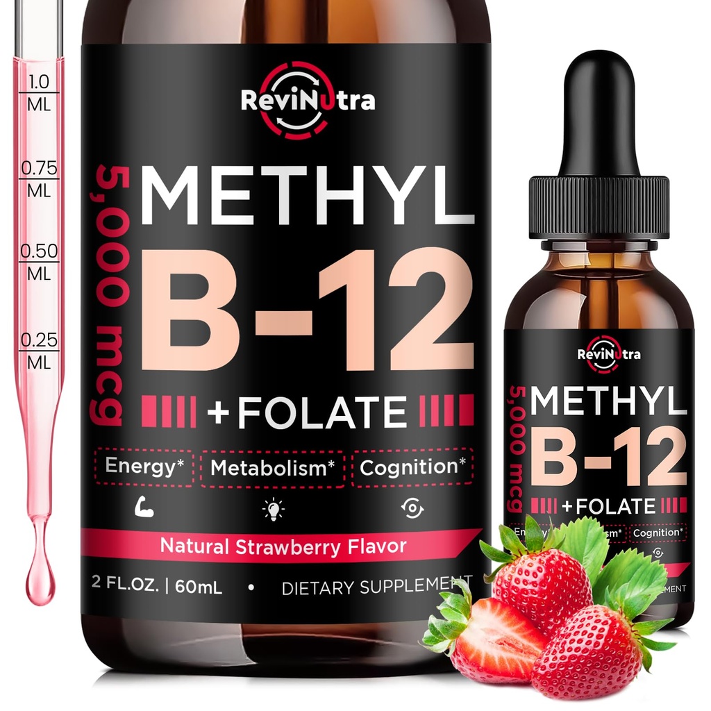 Vitamin B12 flüssige Tropfen, B12 Vitamine 5000 mcg, Vitamin B Complex Supplement mit Methylcobalamin B12 Sublingual, Vitamin B6, Folate for Energy, Gehirn, Herzgesundheit, Vegan Erdbeeren Flavor 2 Fl Oz
