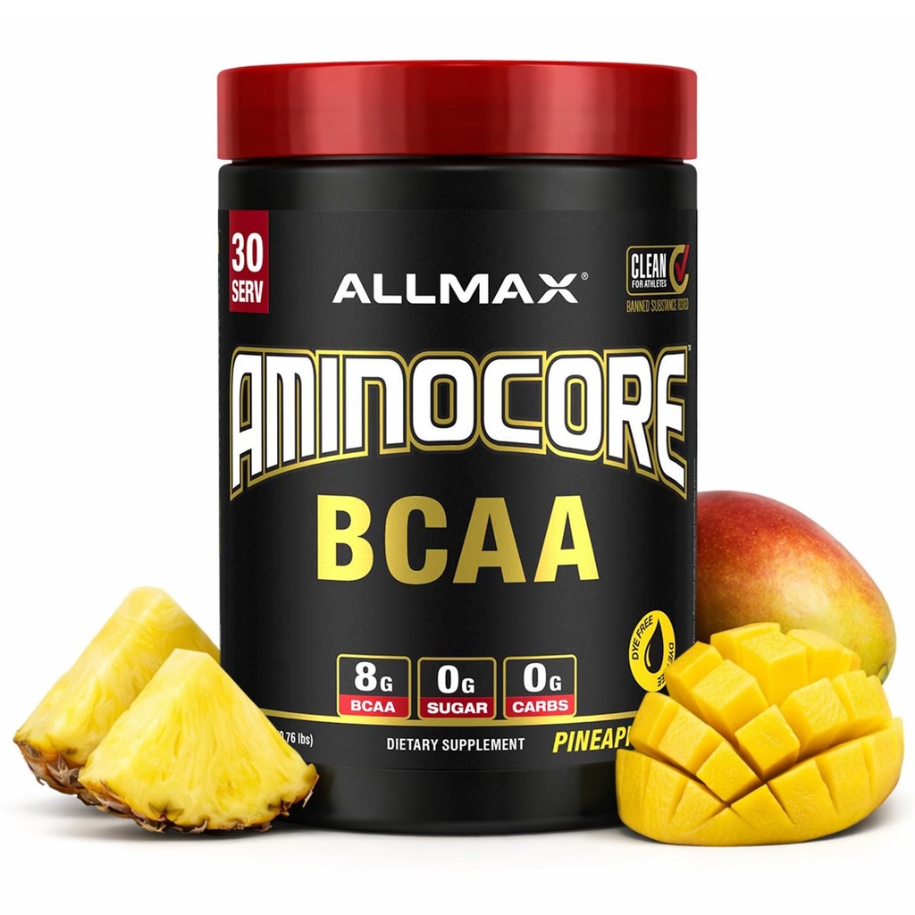 ALLMAX Nutrition AMINOCORE BCAA Powder, 8.18 Gramm Aminosäuren, Intra und Post Workout Recovery Drink, Glutenfrei, Ananas Mango, 315 g