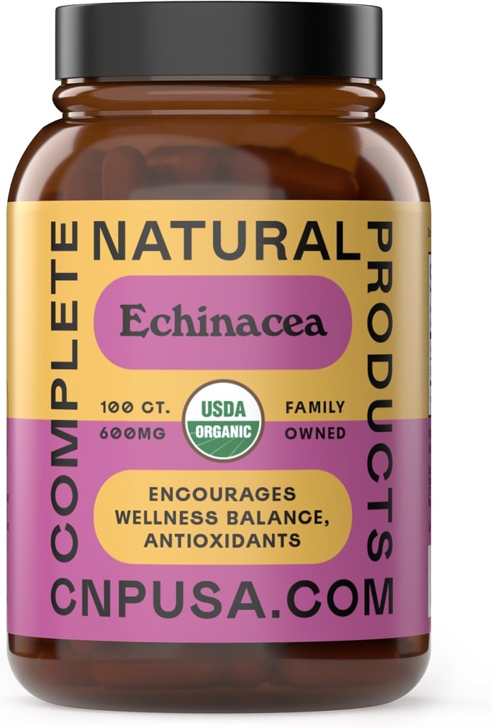 Produits naturels complets Capsules d'échinacée biologique 600mg, 100ct, à base de plantes, système immunitaire et soutien sanitaire saisonnier