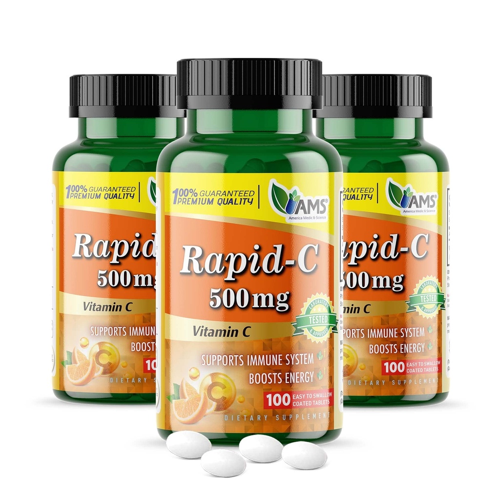 Amerika Medic & Science Rapid-C 500mg Vitamin C Supplement (3 Packung mit 100 Tabletten) Energie Booster, Tägliche Immunsystem Unterstützung, Antioxidans | Vegan, Non-GMO beschichtete Ascorbinsäure für Erwachsene Männer & Frauen