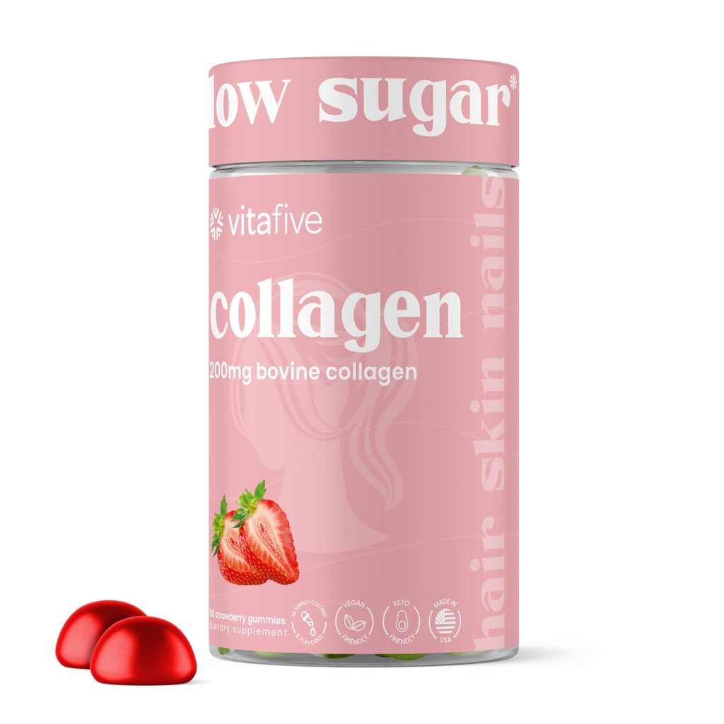 vitafive Gommies collagènes pour hommes et femmes, Collagène bovin, Gommy collagène pour cheveux, peau et soutien tissu conjonctif, sans gluten (50 Ct)