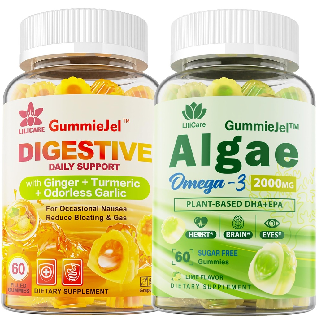 LILICARE Omega 3 Acid gras sans sucre 2000mg Avec 640mg DHA et 290mg EPA, Multivitamine, CoQ10, Astaxanthine + Gingembre Gommies pour Nausées - Soulagement de l'estomac - Ultra Absorption pour support digestif