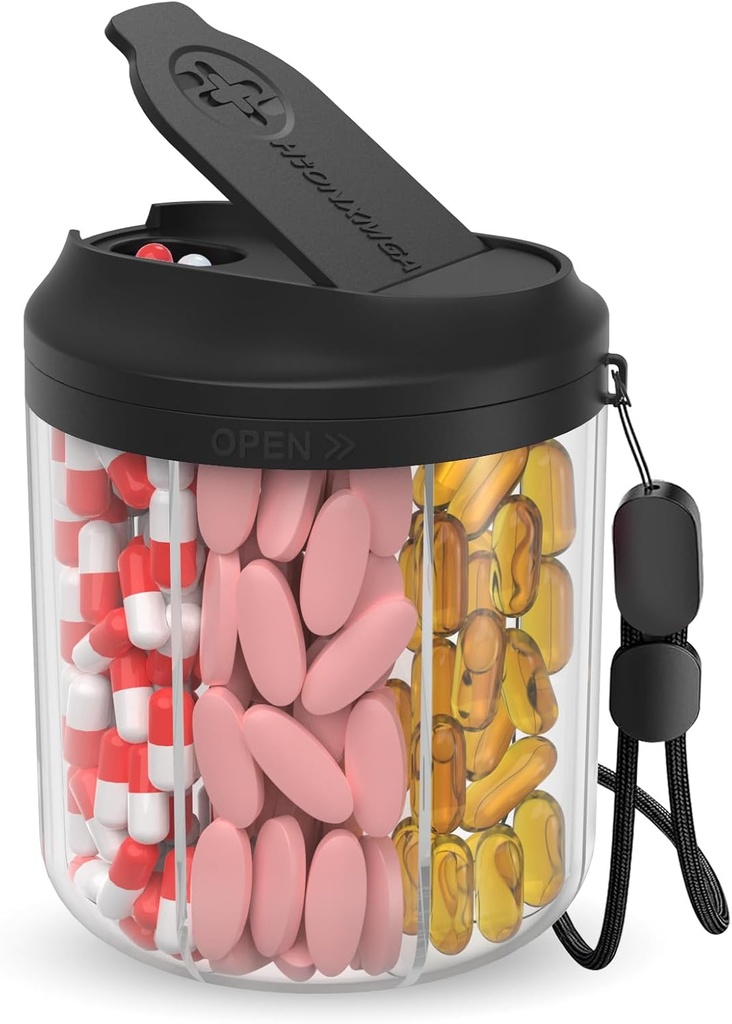 Pill Dispenser mit 7 großen Komponenten, Pill Bottle Organizer 4.4" H x 3.6" Dia für Reisen, Ergänzung Organizer mit Anti-Mixing Design, BPA-freie Pille Container mit 20 Stück Etiketten, Schwarz