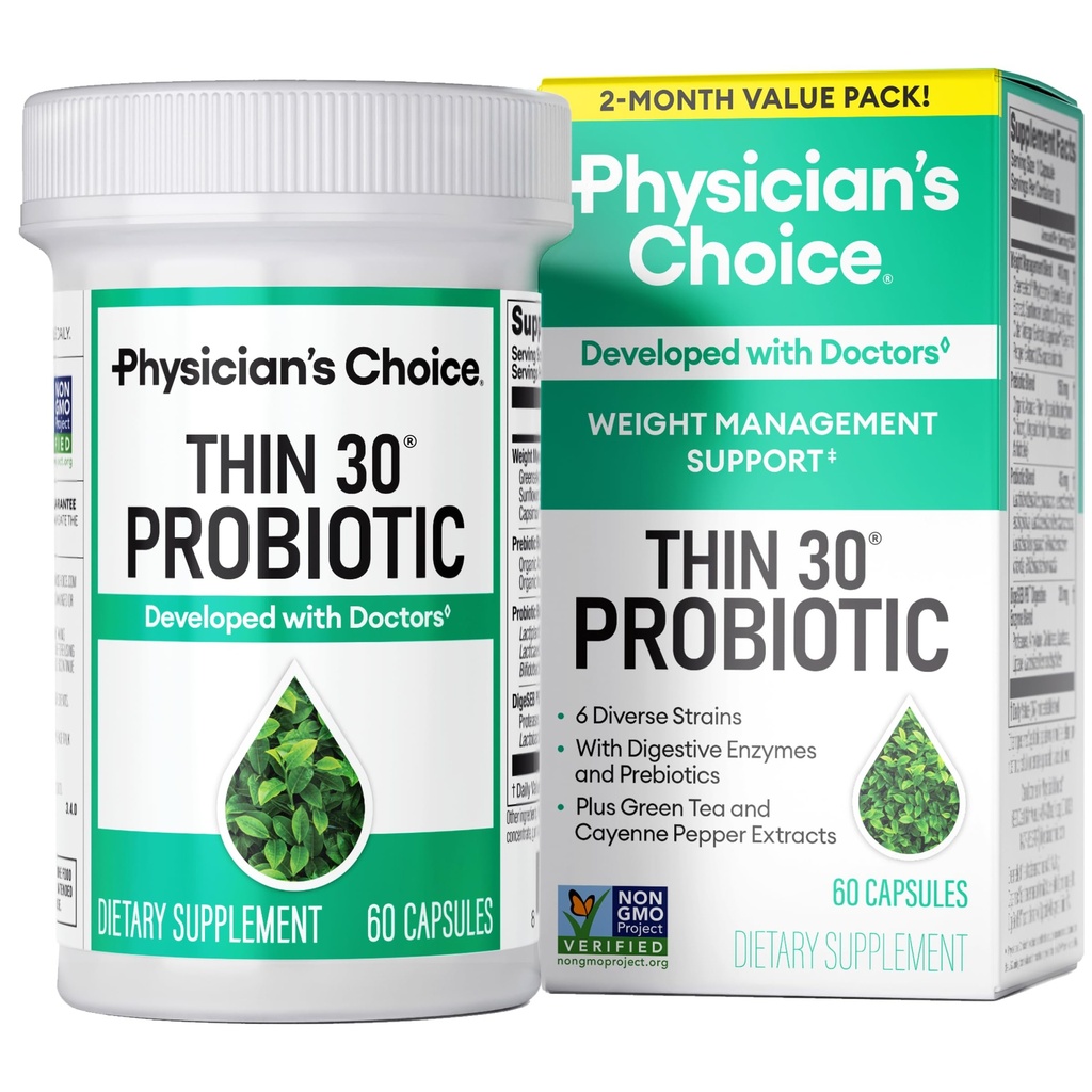 CHOIX du médecin Probiotiques pour la prise en charge du poids et le gonflement - 6 souches probiotiques - Prébiotiques - Ingrédient clé Cayenne - Soutient la santé de Gut - Gestion du poids pour les femmes et les hommes - Thé vert - 60 CT