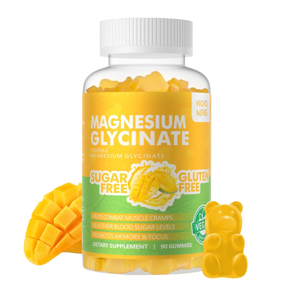 90 CT Magnesium Glycinat Gummie 1000mg - Zuckerfreie Magnesium Kalium-Ergänzung mit Vitamin D, B6, CoQ10 für ruhige Stimmung & Schlaf-Unterstützung - 90 Mango Ananasgummis
