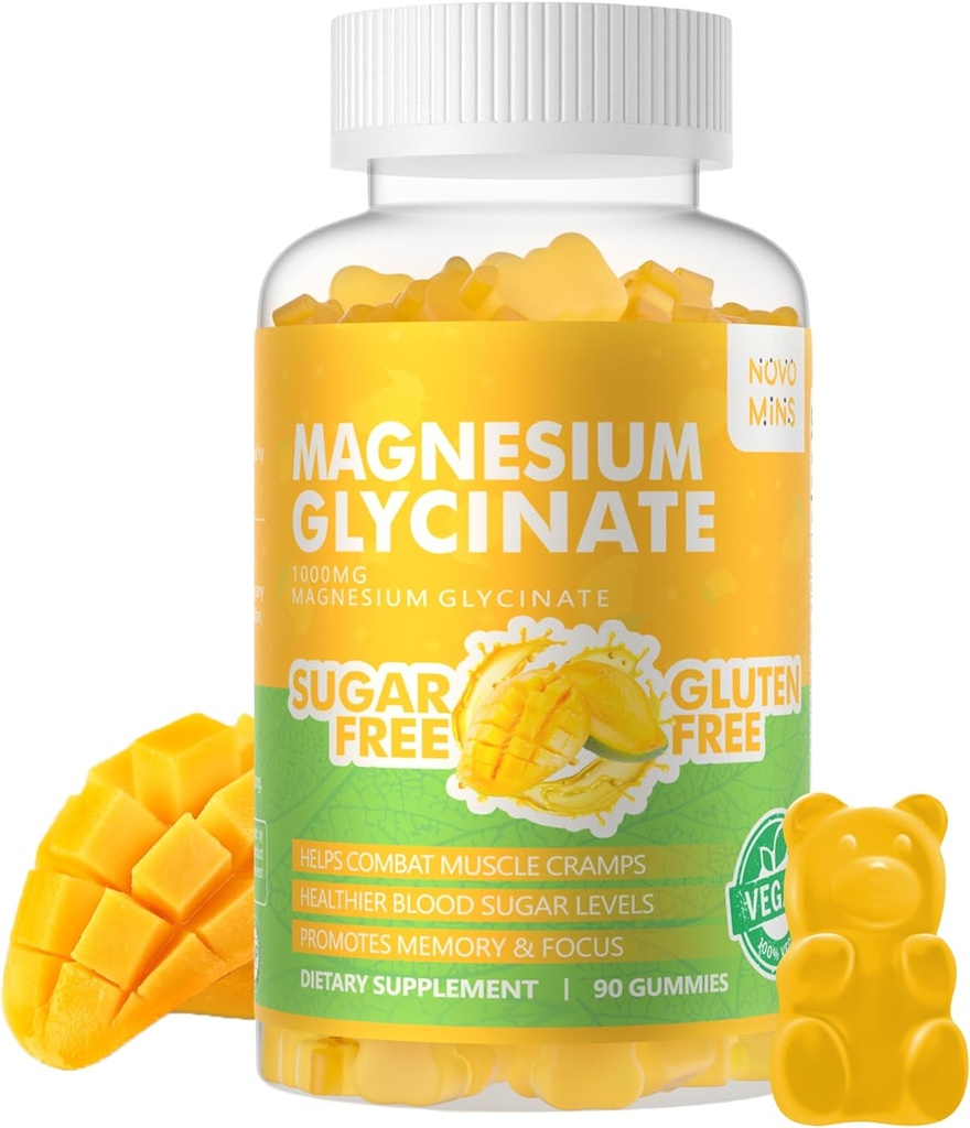 90 CT Magnesium Glycinat Gummie 1000mg - Zuckerfreie Magnesium Kalium-Ergänzung mit Vitamin D, B6, CoQ10 für ruhige Stimmung & Schlaf-Unterstützung - 90 Mango Ananasgummis