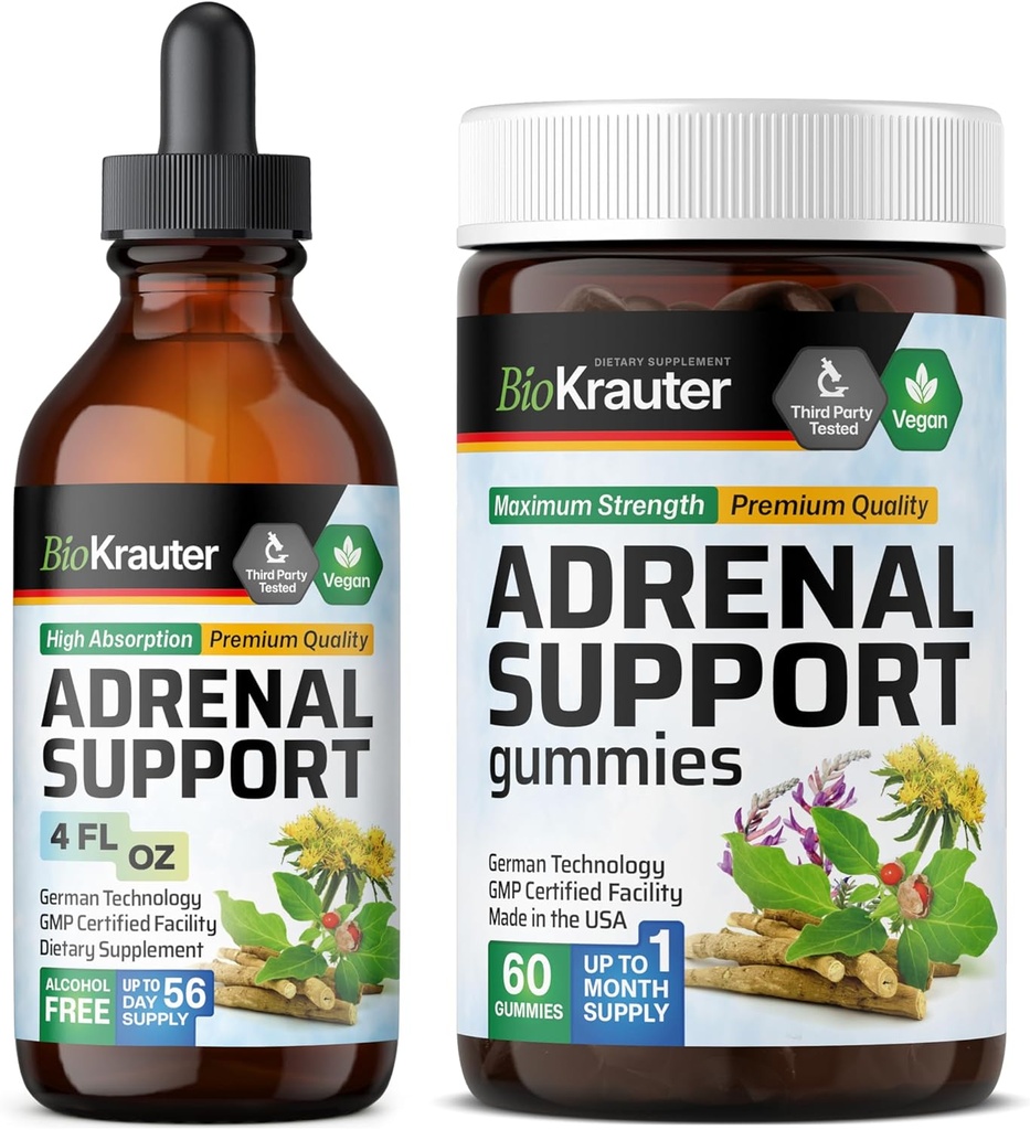 BIO KRAUTER Adrenal Support 60 Gummi & Adrenal Support Tincture 4 Fl. Oz.