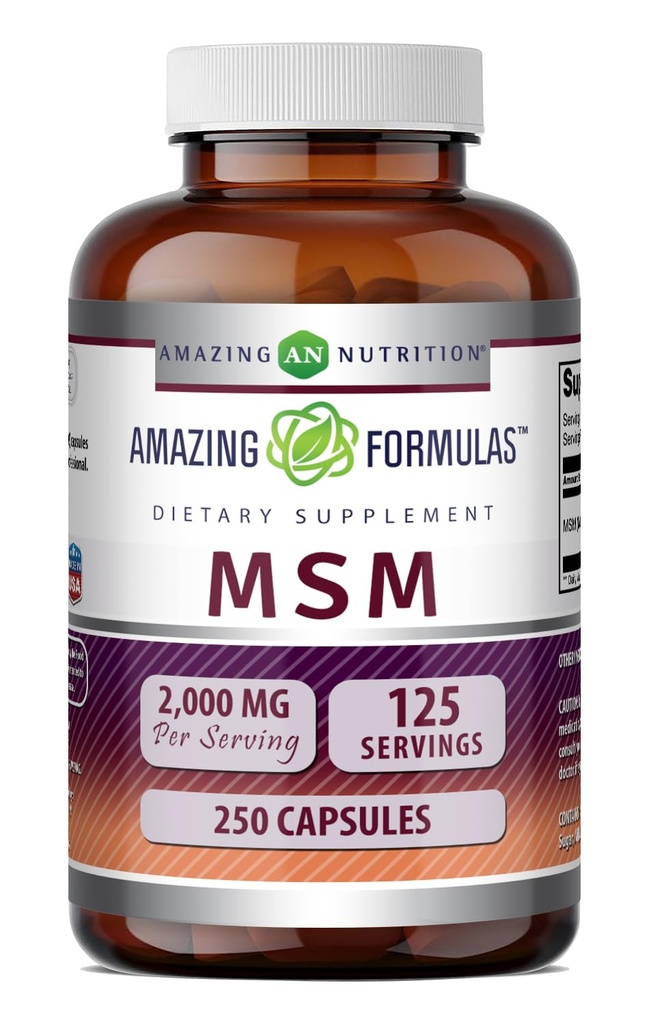 Formules étonnantes MSM (Methylsulfonylméthane) Supplément $ 2000 Mg par portion $ Capsules $ Non-GMO $ Sans gluten $ Fabriqué aux États-Unis (1 Pack, 250 Compte)