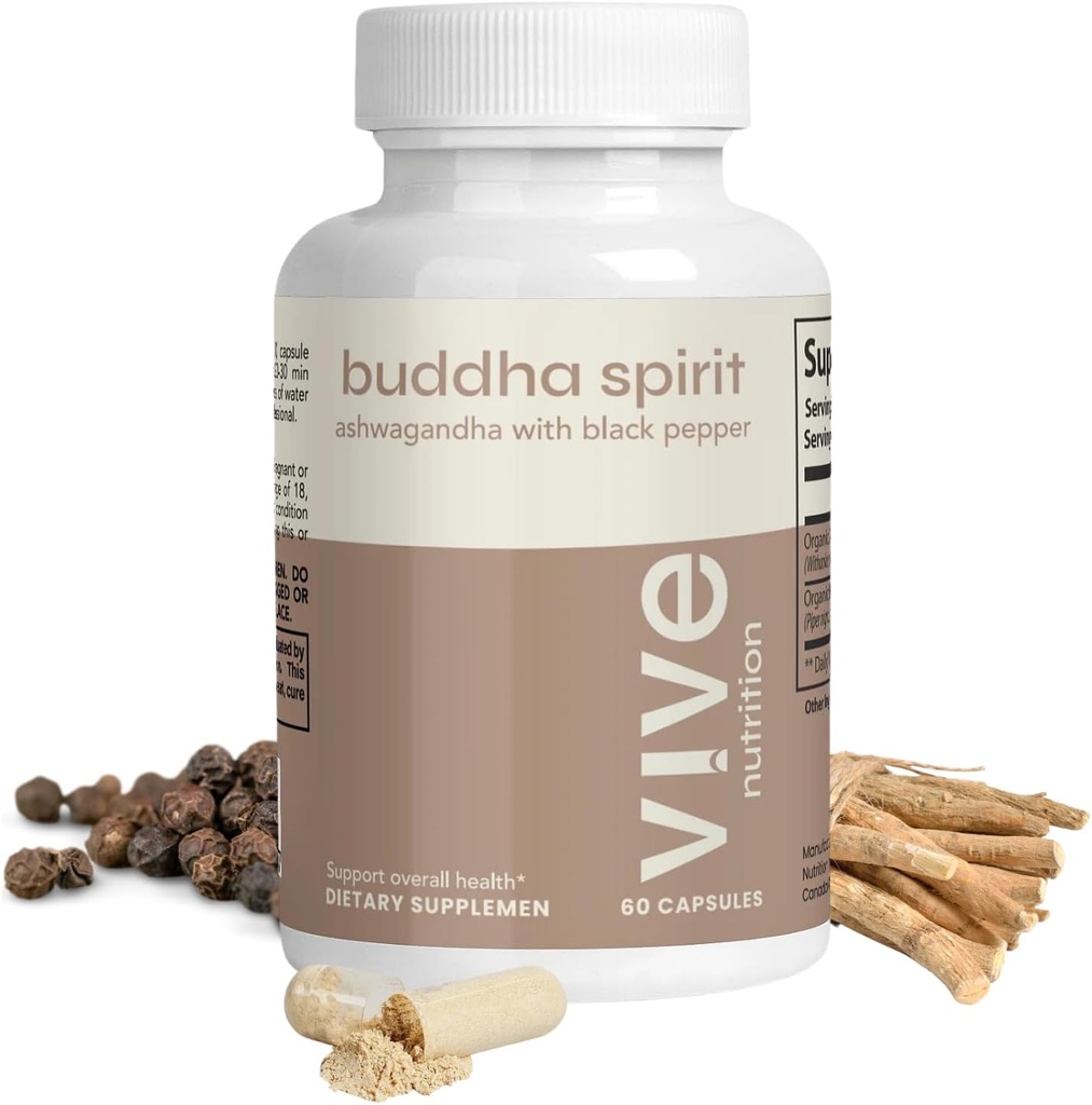 Bouddha Spirit Ashwagandha Capsules avec poivre noir - 100% biologique, végétalien et sans gluten - 60 Compte, 30 jours d'approvisionnement