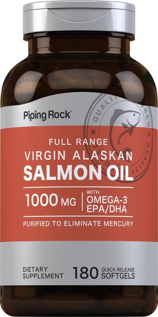 Piping Rock Wild Alaskan Lachs Fischöl | 1000mg | 180 Softgels | Ergänzungen für Menschen | Omega-3, EPA und DHA | Non-GMO und Gluten kostenlos