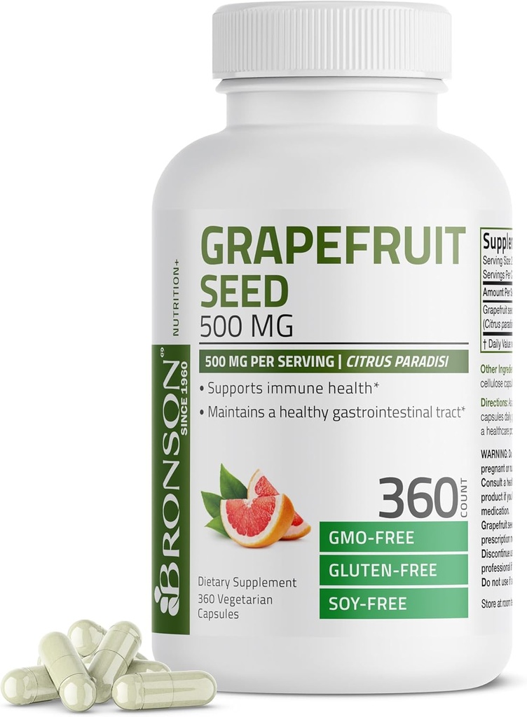 Extrait de graines de pamplemousse Bronson 500 MG par portion Citrus Paradisi soutient la santé immunitaire et aide à maintenir un tract gastro-intestinal sain - Non-OGM, 360 capsules végétariennes