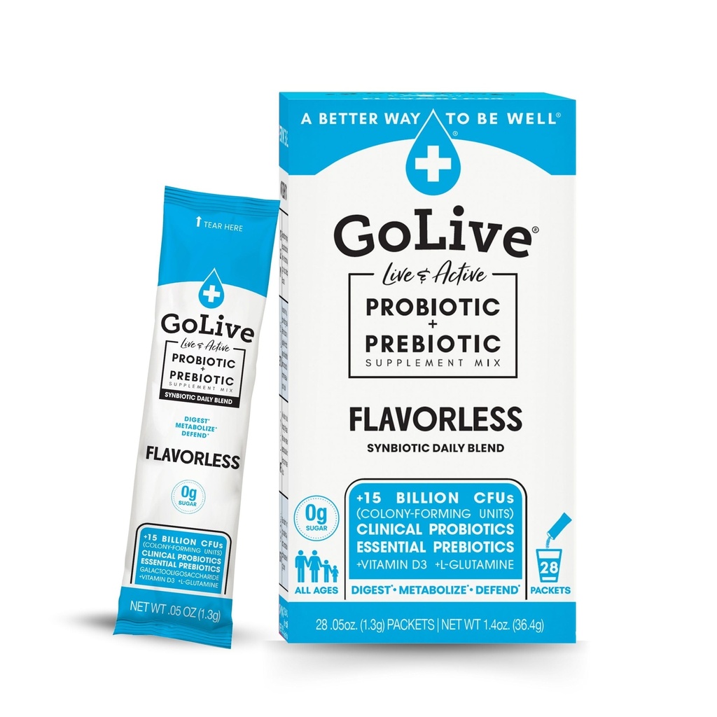 Prébiotique et probiotique GoLive pour les femmes, les hommes, les enfants. Sans saveur, sans sucre, poudre synbiotique avec GOS, L-glutamine, vitamine D3, électrolytes. Pour Gut Health, Digestion, Métabolisme, Immunité 15-50B UFC.