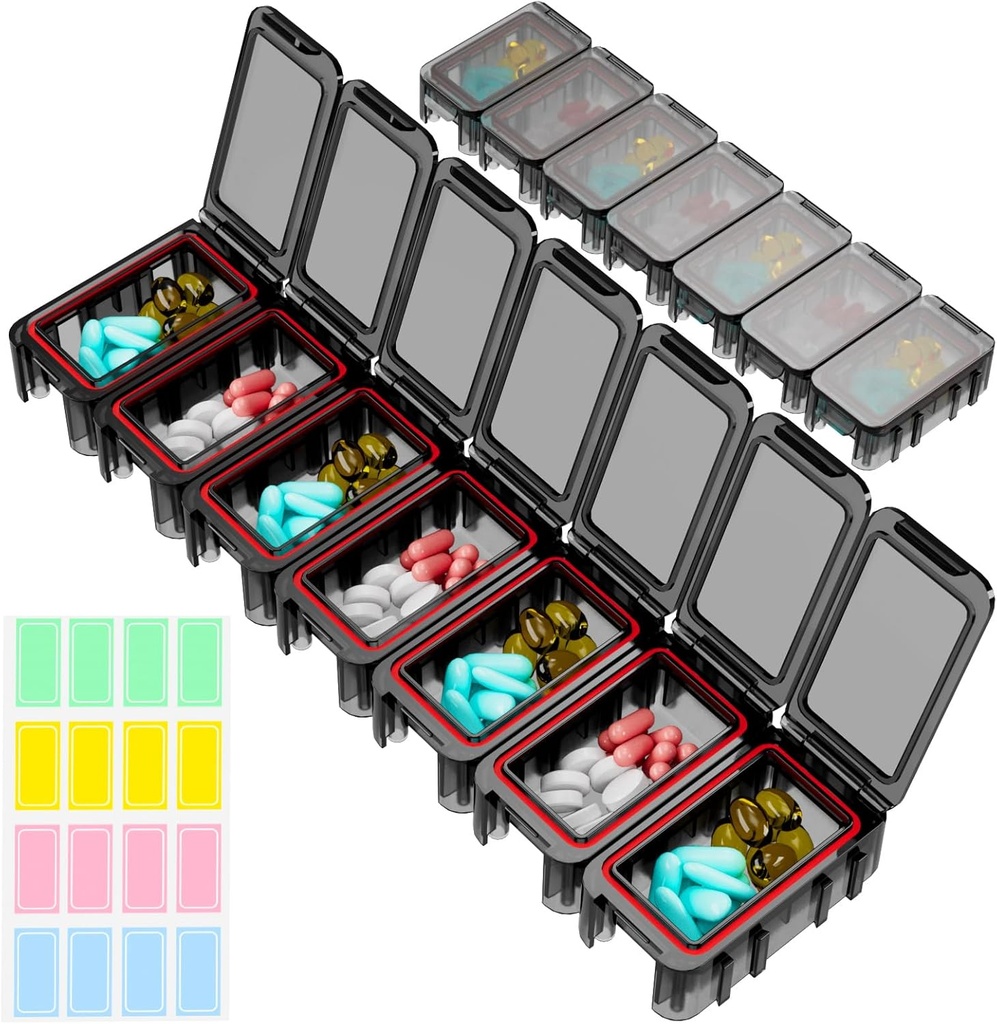 Restree Weekly Pill Organizer, 7 Fächer Tragbare Pille Box Einmal täglich, Moisture-Proof Travel Pill Case, Pill Storage Box für Vitamin, Medizin, Fish Oil/Supplements (Schwarz)