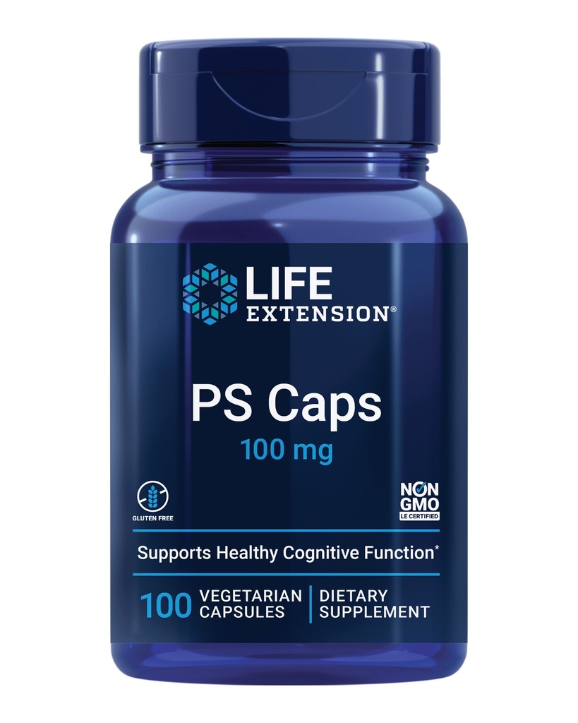 Extension de vie PS Caps, phosphatidylsérine, pour la performance cognitive, sans gluten, sans OGM, végétarien, 100 capsules