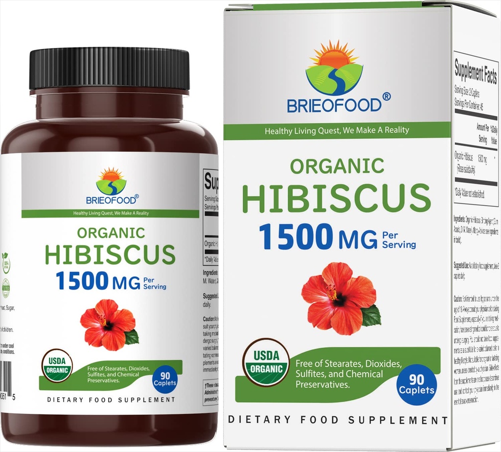 Brieofood Bio Hibiscus 1500mg, 45 Servierungen, Vegetarisch, Glutenfrei, 90 vegetarische Tabletten