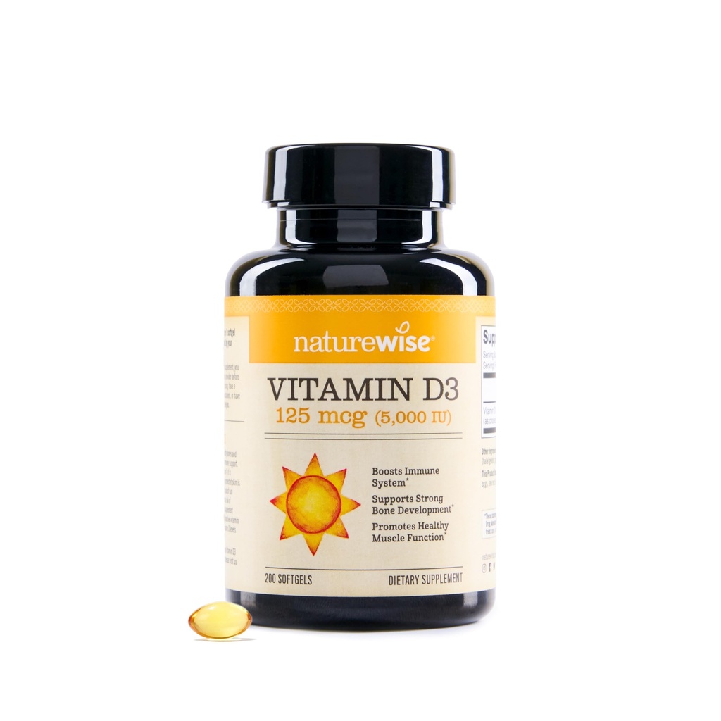 NatureWise Vitamin D3 5000iu (125 mcg) 200-Tage-Versorgung für Immununterstützung, Gesunde Muskelfunktion und Knochengesundheit - Non-GMO, Glutenfrei in Bio Extra Olivenöl, (Mini Softgel), 200 Count