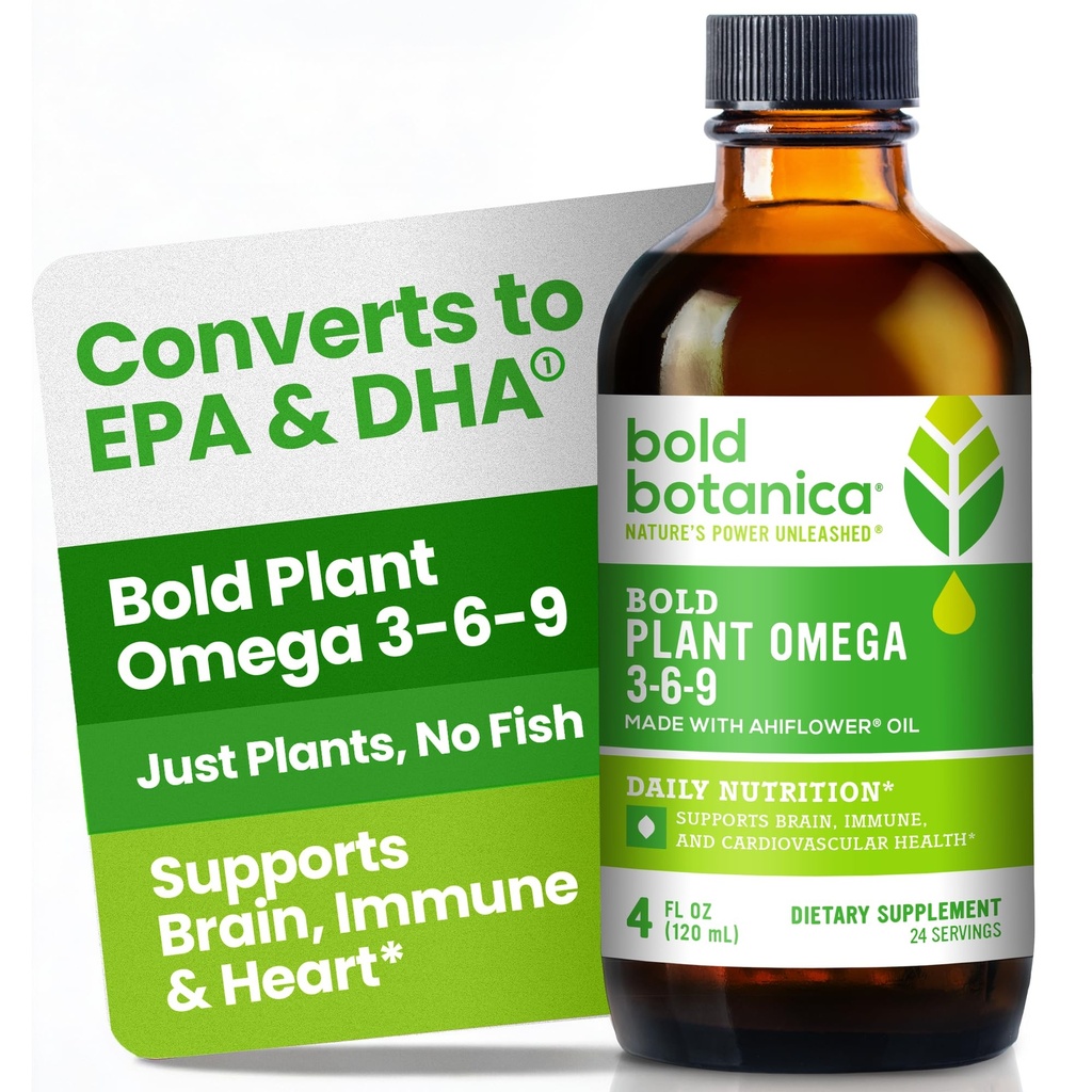 Bold Botanica Plant Omega 3-6-9, avec l'huile d'Ahiflower, Vegan Omega 3, Omega complets à base de plantes pour la santé cérébrale et immunitaire, mieux que le lin, sans poisson, grand goût, sans sucre, non-OGM, liquide- 4 oz