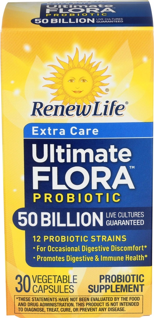 Renouveler la vie extra soins capsules probiotiques digestives, 50 milliards d'UCF garantis, supplément quotidien soutient immune, digestif, santé respiratoire(1), L. Rhamnosus GG, laiterie, soja et sans gluten, 30 comtes