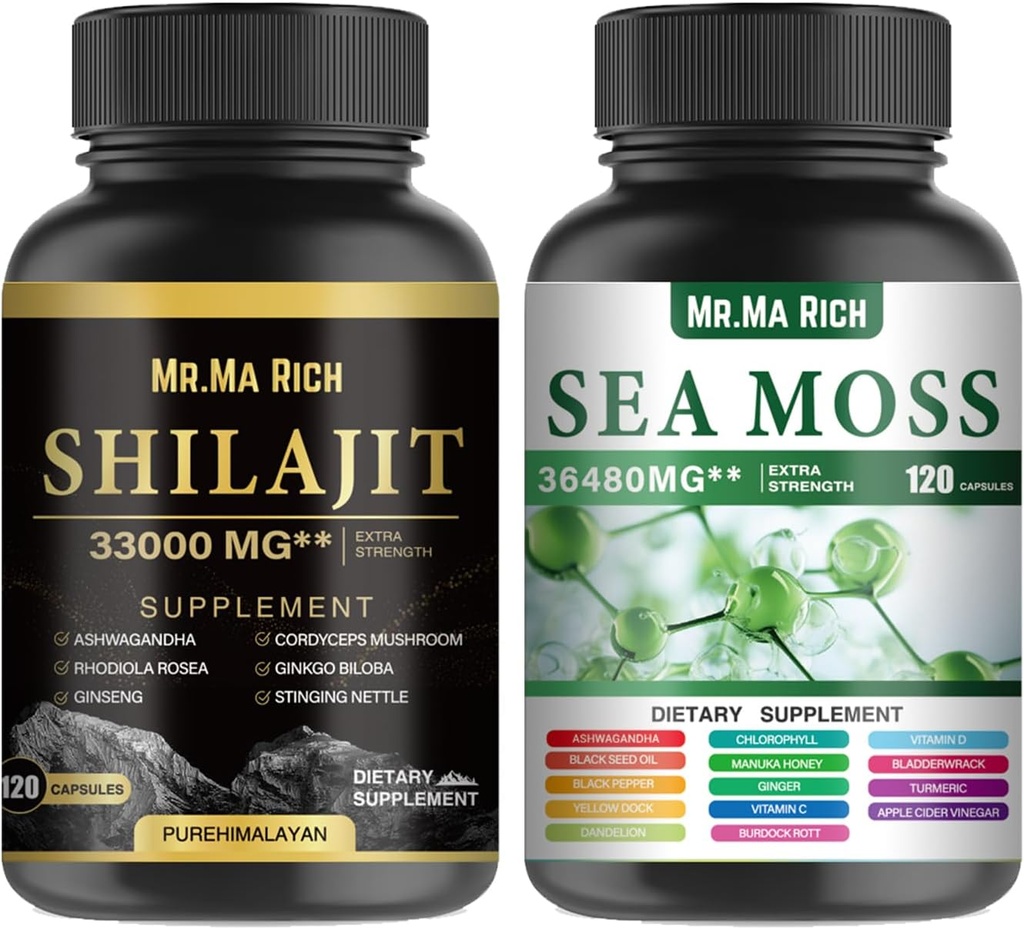 Sea Moss und Shilajit Capsule Bundle, Ashwagandha Rhodiola Rosea Ginseng Cordyceps Mushroom Ginkgo Biloba Stinging Nettle Magic Moss Blendim Black Seed Turmeric Bladderwrack Burdock Black Pepper