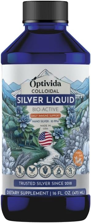 Optivida Health Colloïdal Silver Liquid (16 Oz) – Supplément colloïdal Nano Silver Premium pour le bien-être quotidien et le soutien immunitaire, hydrosol liquide naturel en argent pour adultes et enfants, sans OGM, sans gluten