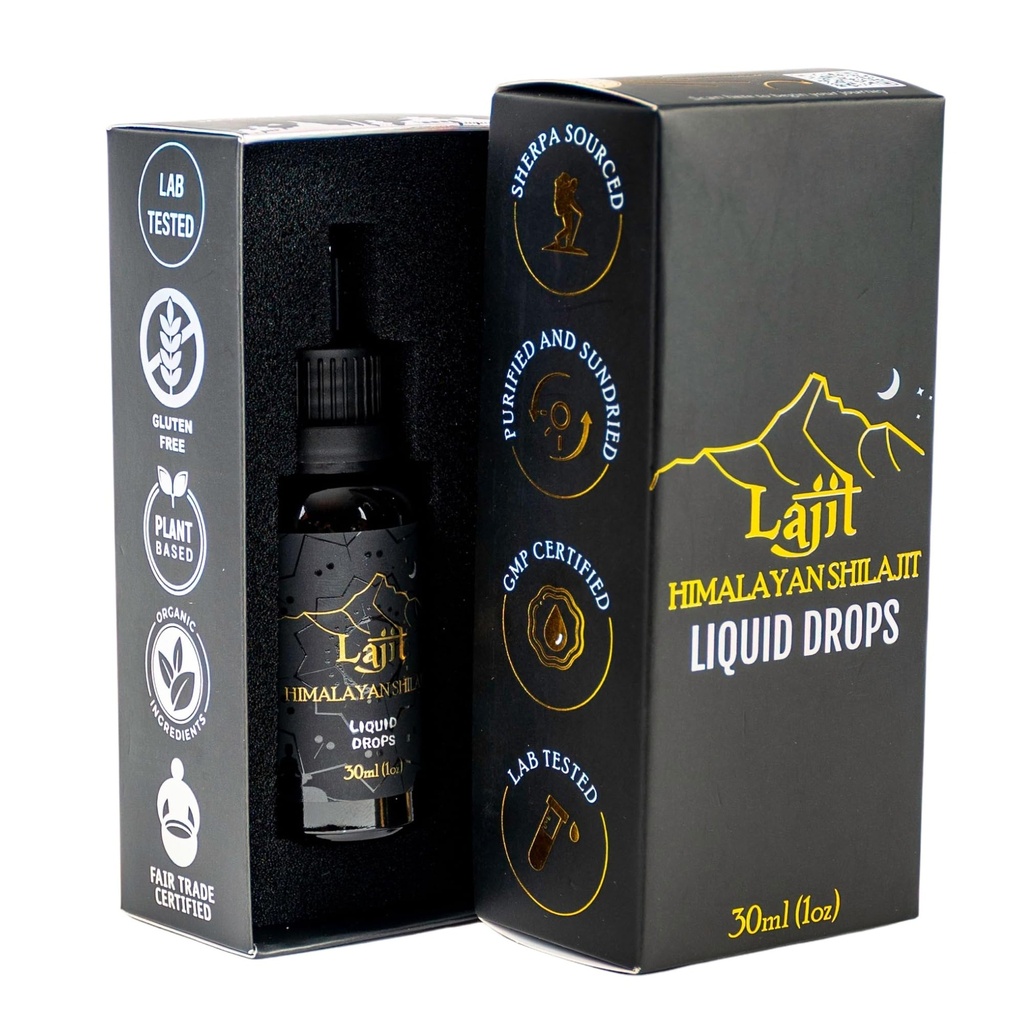 Lajit Gold Grade Himalayan Shilajit Flüssigkeitstropfen – Organische, Sun-Dried – Bioverfügbare Nährstoffe - Fulvic Acid, 85+ Trace Minerals – Lab Getestet für Männer & Frauen – Natürliche Energie, Immunität, Stärke– 30ml
