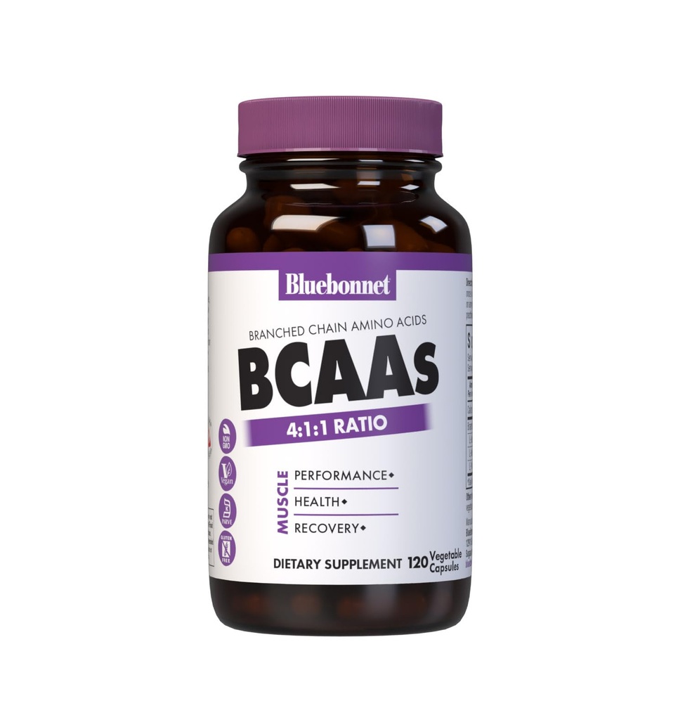 Bluebonnet Nutrition BCAAs 4:1:1 Ratio, Performance musculaire*, Santé musculaire*, Réparation musculaire*, Non-OGM, Vegan, Certifié Casher, Sans gluten, Sans soja, Sans lait, 120 Capsules végétales, 30 portions