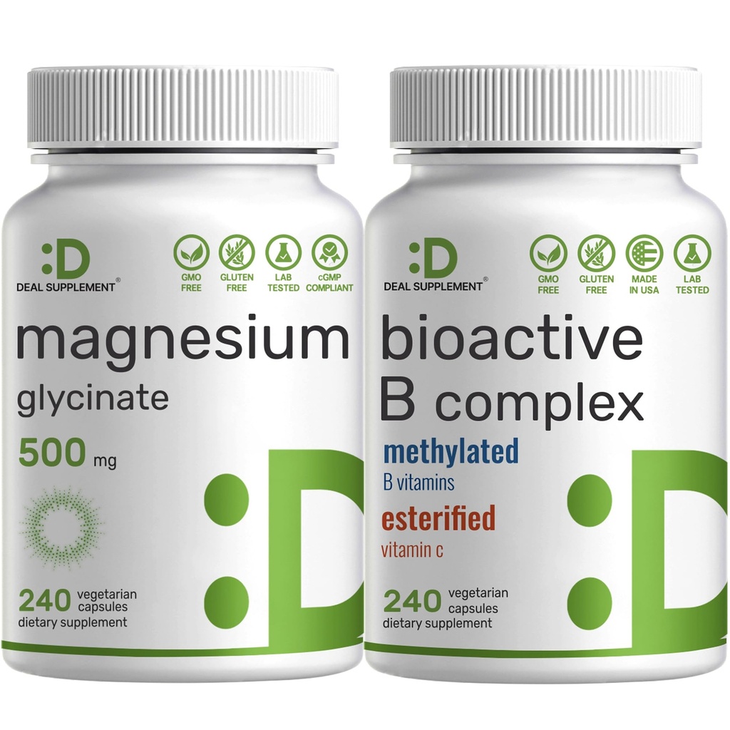 Magnésium Glycinat 500mg Capsules de Véggie et lot complexe de vitamine B bioactif – Minéraux chélatés facilement absorbés – Supplément immunitaire, énergie et métabolisme