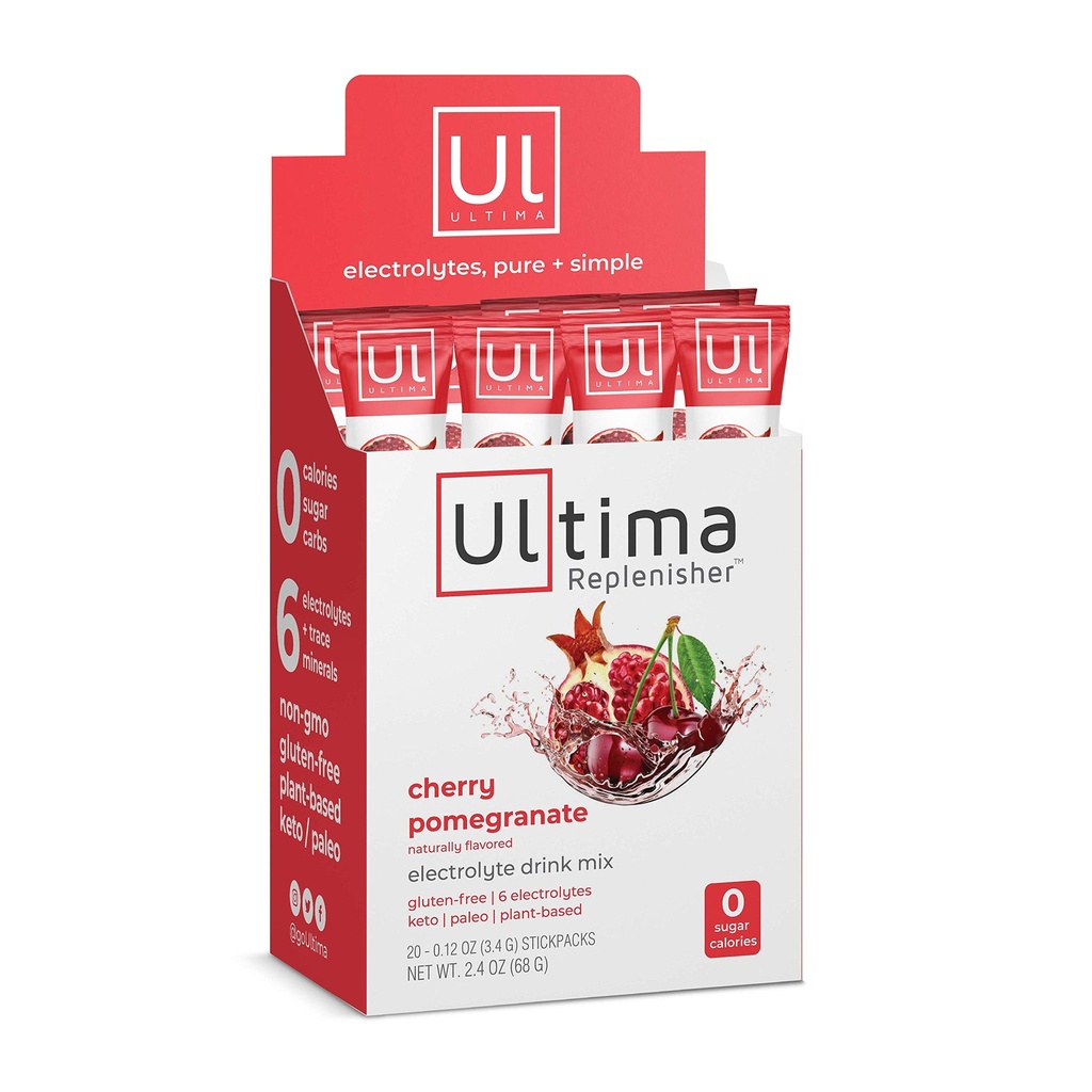 Ultima Repleniser Mélange de boisson d'hydratation électrolyte, grenade de cerise, 20 portions boîte à bâton, pas de sucre, pas de glucides, pas de calories, kéto, sans gluten, non-OGM, végétalien