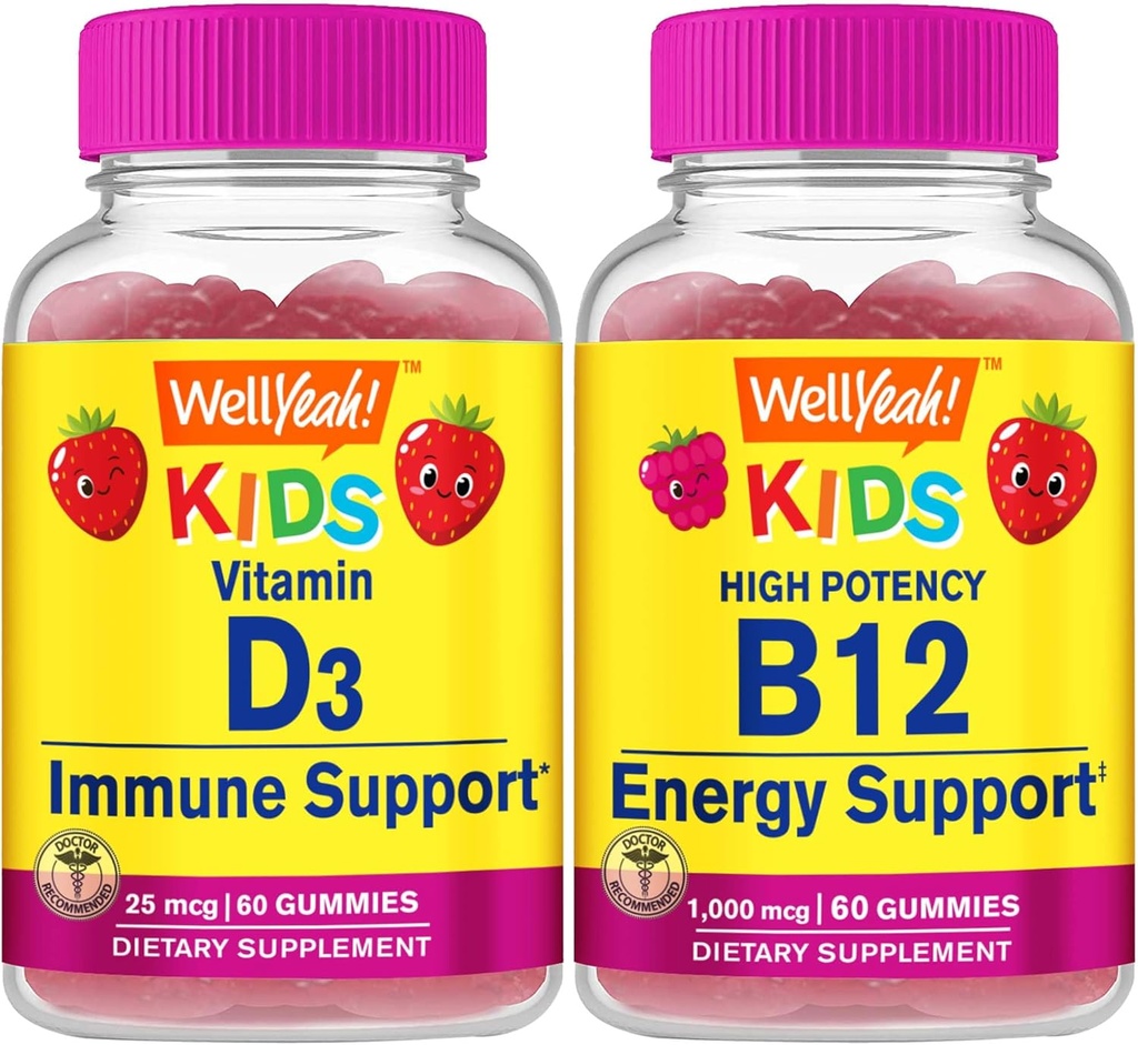 WellJa Vitamin D3 Kids + Vitamin B12 Kids, Gummis Bundle - Große Verkostung, Vitamin-Ergänzung, Glutenfrei, GVOfrei, Kaugummi